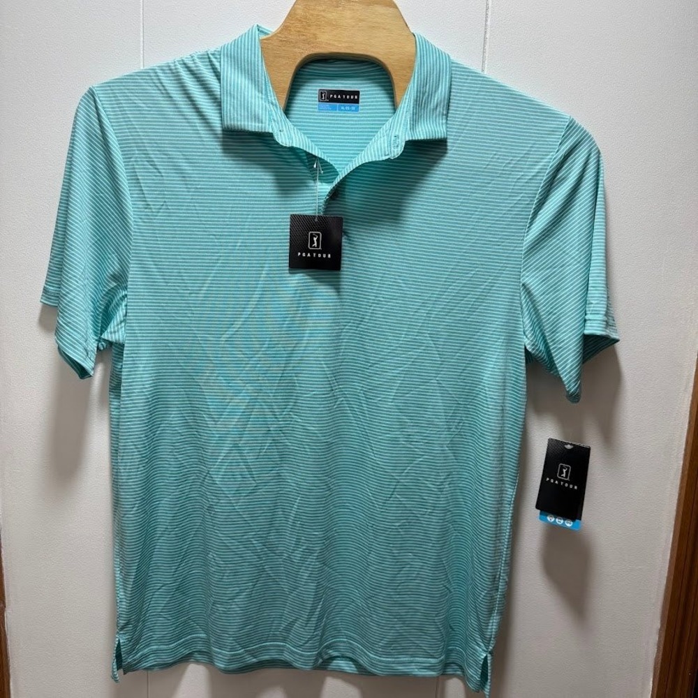 PGA Tour Mens XL Golf Polo Shirt Teal White Stripe Driflux Motionflux NEW